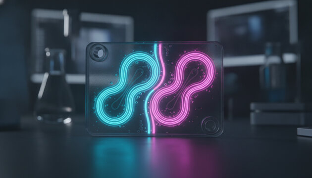 Transparent microfluidic lab on a chip with glowing serpentine microchannels