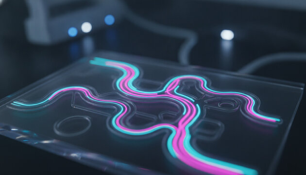 Transparent microfluidic lab on a chip with glowing serpentine microchannels