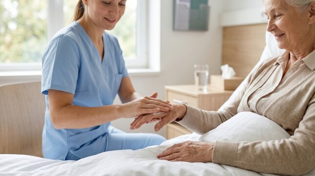 Nurse applying hand cream to an elderly woman in a hospital bed. Gentle caregiver providing comfort and skin care to a senior patient. Medical assistance and wellness support concept.