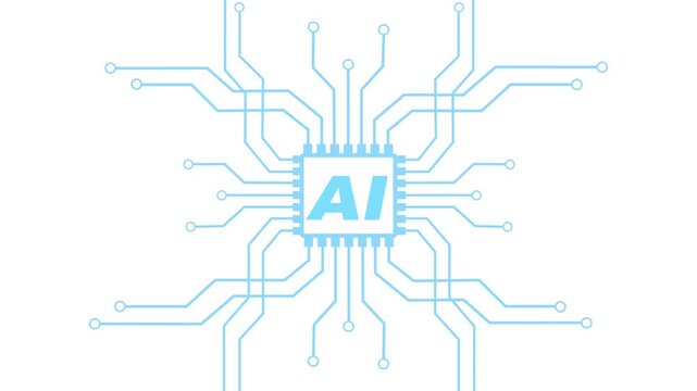 Artificial intelligence chip icon vector illustration isolated on white background. Minimal white AI processor chip outline icon with animated circuit paths on white background,