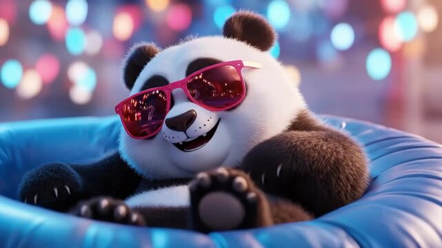 Cute cartoon panda relaxing in sunglasses with colorful lights background