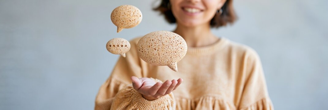 Natural stone textured speech bubbles hovering over a woman hand for earthy communication concept background or eco design element