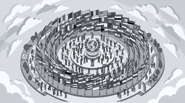 Global Unity and Cooperation: International Flags Circle Around World Emblem with People