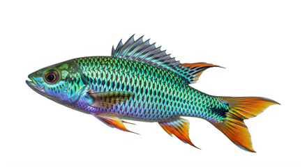 Fototapeta premium Colorful pixel art fish swimming left isolated on transparent background