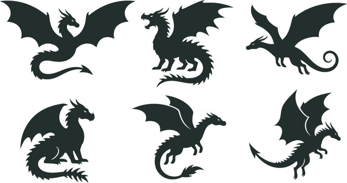 Collection of six black dragon silhouettes