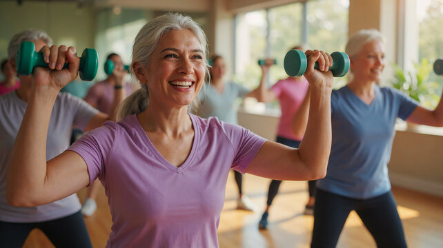 Happy active senior woman smiling while performing dumbbell overhead press exercise during a group fitness class in a bright gym, promoting healthy aging and wellness for mature adults.