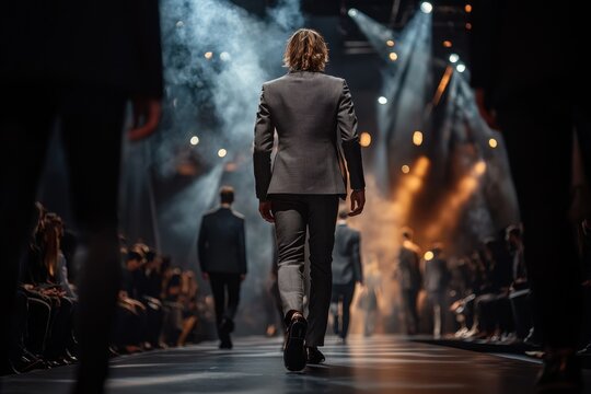 Runway model in gray suit on fashion stage with spotlight and audience, back view, elegant modern catwalk scene