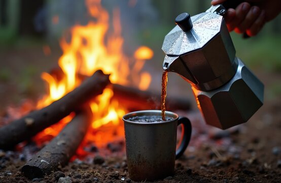 Person pours hot coffee from moka pot into metal mug near campfire. Outdoor brewing process for morning drink in nature, evoking relaxation.