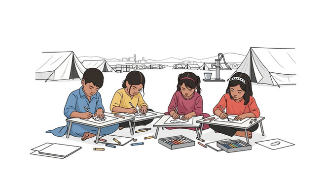 Four children drawing at desks in a refugee camp illustration.