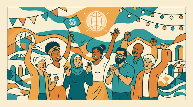 Diverse group celebrating global unity and cooperation with flags and lights