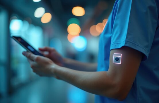 Person wears biomedical sensor patch on arm wirelessly linked to smartphone. Digital health monitoring for remote patient care and chronic disease management. Future medicine.