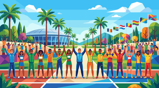 Diverse Athletes Celebrate Victory at International Sports Event with Flags and Stadium Background