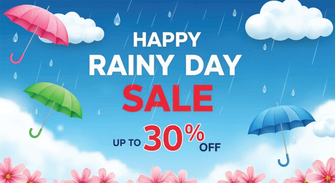 Happy rainy day sale with umbrellas and clouds illustration