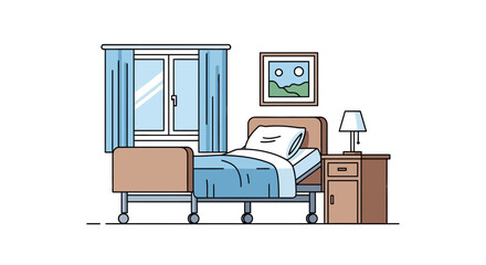 Fototapeta premium Hospital room illustration with bed window curtains bedside table and framed picture.