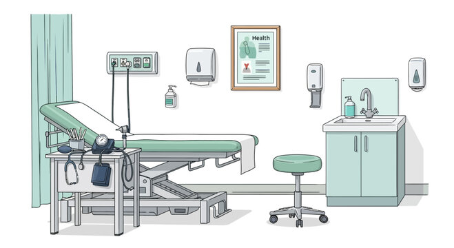 Examination room with medical bed sink stool and equipment against white wall.