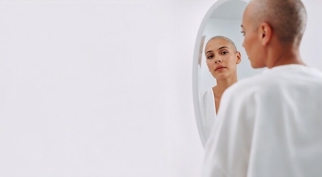 Portrait of a young woman with a buzz cut looking at her reflection in a round mirror in a minimalist white studio setting, capturing a moment of self-reflection, inner beauty, and confidence.
