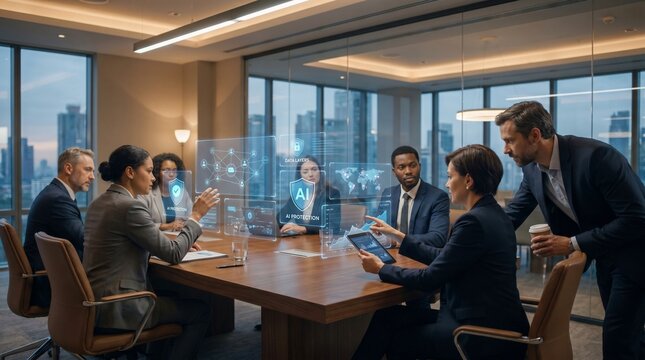 AI Cybersecurity Strategy Meeting with Business Team, Holographic Security Dashboard and Enterprise Data Protection Technology