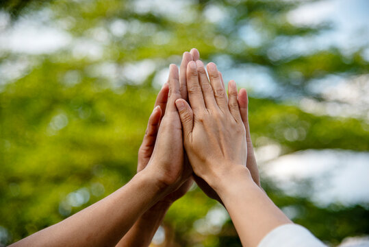 Diversity Teamwork hands stack together trust partner. Close up hands Diverse multiethnic Partners team together. Diversity people hands join empower partnership teams connect volunteer community.