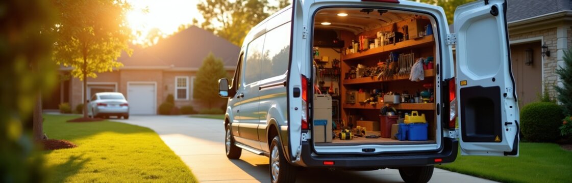 White service van parked on driveway with open back doors, tools inside on shelves, sunny day exterior. Vehicle ready for home repair jobs, maintenance tasks, professional contractor work.