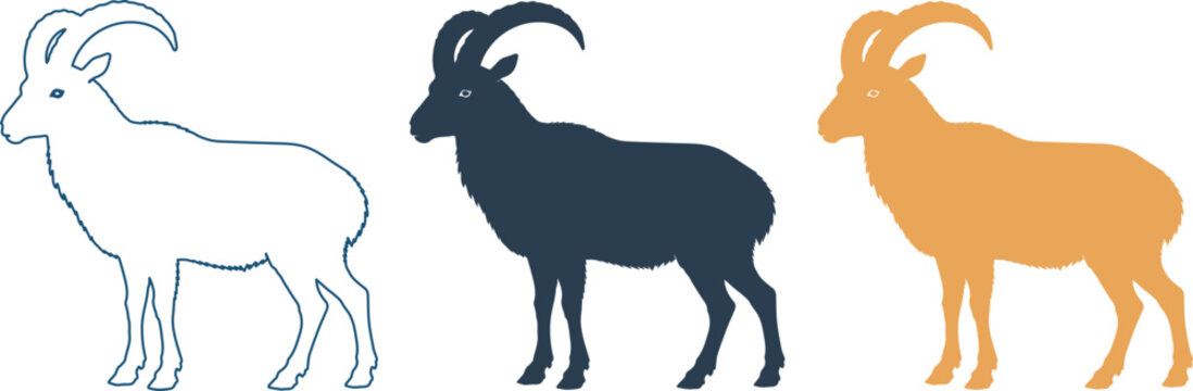 Mountain goat silhouette vector set, wild ibex animal icons in outline and solid styles, alpine capra wildlife graphics for outdoor branding isolated PNG with Transparent Background
