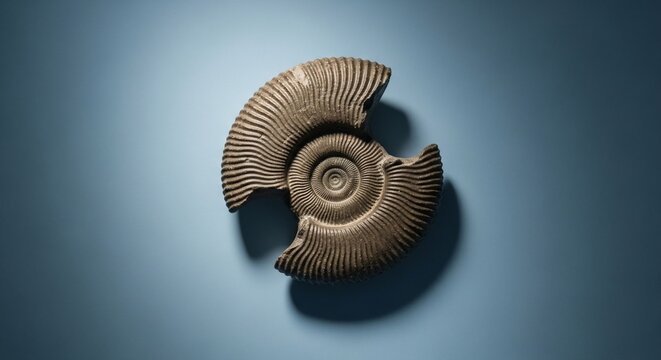 Close up of a fossilized ammonite on a blue background studio shot