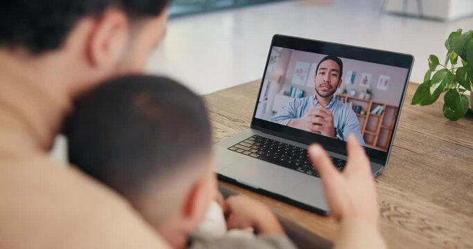 Family, video call and doctor in home with laptop screen, consultation and symptoms for diagnosis. Father, child or pediatrician at house with pc, online appointment and webinar for healthcare advice
