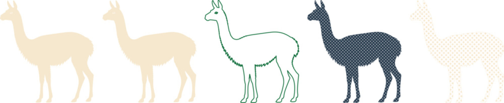 Minimalist alpaca silhouette collection, set of 5 llama vector icons, flat vicuna animal graphics in neutral earth tones and outline style isolated PNG with Transparent Background