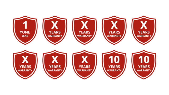 Set of ten warranty period badges with years from one to ten in a shield design
