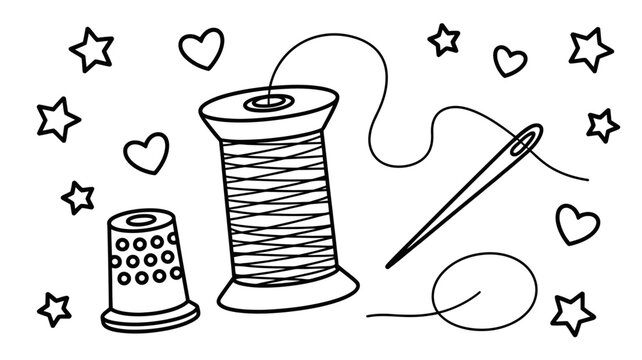 Cute hand-drawn sewing kit with thread spool, needle, and thimble surrounded by stars and hearts