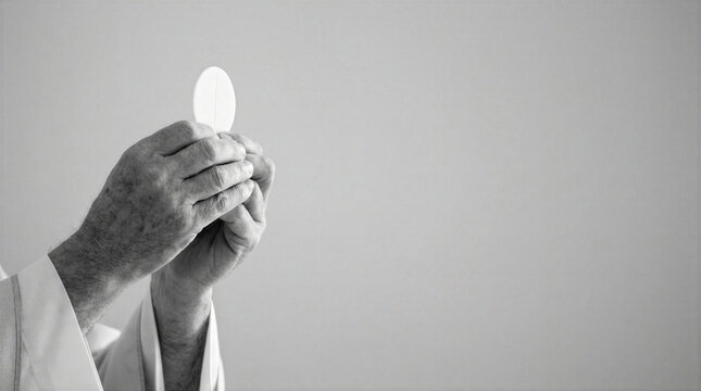 Priest holding holy communion bread during eucharist mass. Catholic clergy performing ritual of sacrament. Spiritual religious ceremony. Minimal christian worship concept for easter.