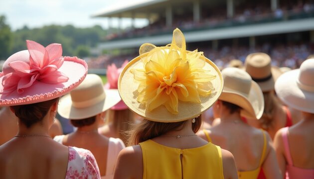Women wear ornate hats at horse race event. Spectators enjoy sunny day at outdoor stadium. Ladies dress up for outdoor fashion show. Fashionable crowd attends sporting competition.