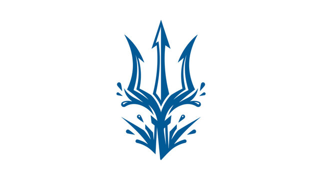 Blue Trident Symbol with Water Splashes on White Background.