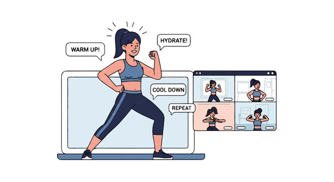 Woman exercising at home on laptop with a virtual fitness class on screen.