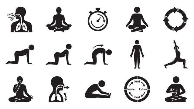 Yoga Meditation and Breathing Exercise Icon Set Featuring Simple Black Silhouette Figures Showing Holistic Health Practices and Physical