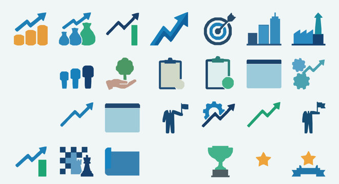 Modern sales growth and business success solid vector icon set