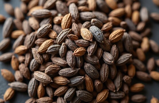 Pile of whole dried black cumin seeds scattered across dark surface. Small oval spice pods have ribbed texture, varying brown tones. Used in Middle Eastern, Indian cuisine for flavor, health benefits.