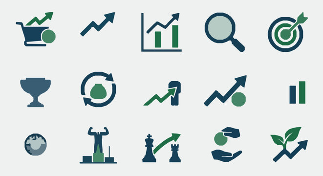 Increase sales and profit growth solid icon set vector illustration