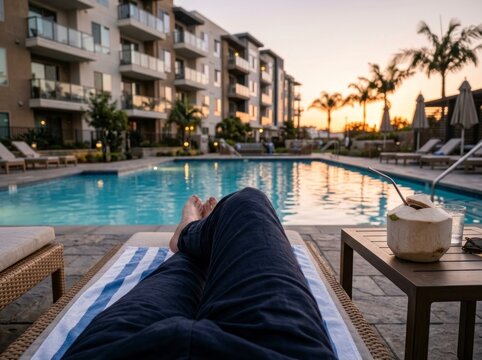 Person relaxing by swimming pool at sunset, luxury apartment view.