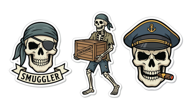 Pirate-themed skull illustrations with smuggler and captain motifs