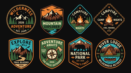 Naklejka premium Vintage Outdoor Adventure Badge Collection – Camping, Hiking, Mountain Exploration and National Park Emblems