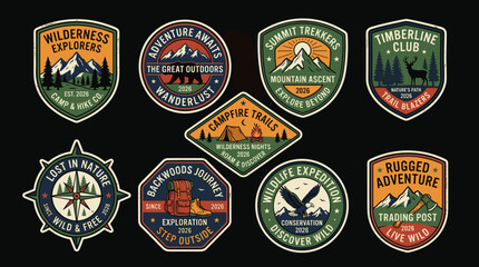 Naklejka premium Heritage Wilderness Club Badge Collection with Mountain Trekking Emblems, Outdoor Adventure Insignias and Explorer Society Logos