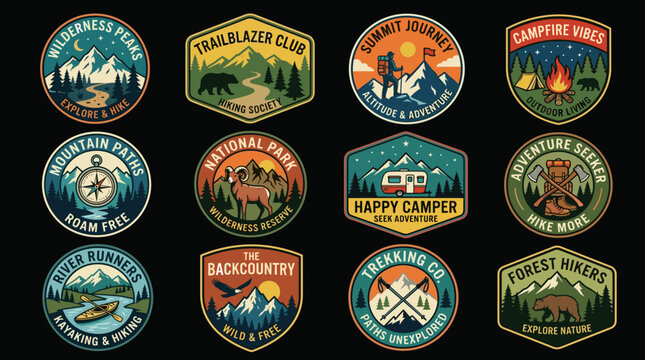 Wilderness Explorer Insignia Collection with Trailblazer Adventure Badges, Mountain Camping Emblems and Backcountry Expedition Logos