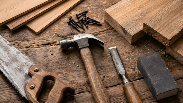 Top view composition of carpentry tools with iron hammer, black nails and wood chisels