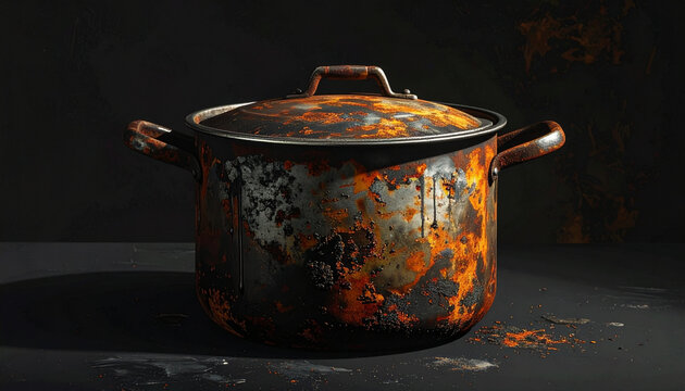 Close up of a weathered cooking pot with lid aged metal texture and detail