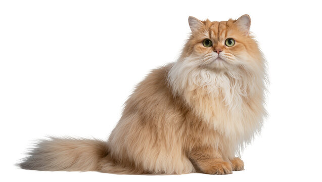 Fluffy golden Persian cat with green eyes sitting
