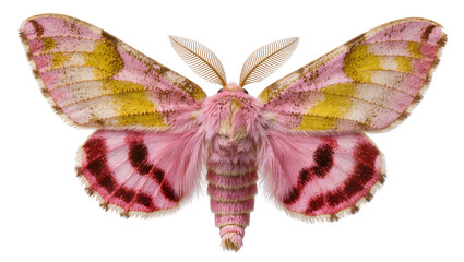 Pink and yellow moth with patterned wings and fuzzy body © Laura