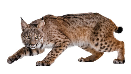 Bobcat crouched low hunting pose spotted fur, tufted ears © Laura