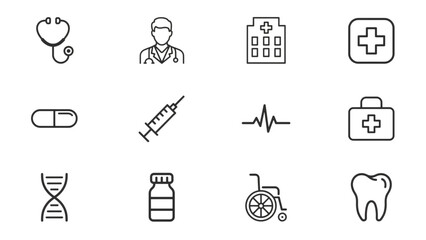 Fototapeta premium Flat medical and healthcare icons set featuring pills, syringe, stethoscope, and dental tools Vector