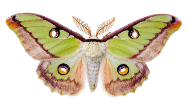 Green luna moth with large eye spots on wings