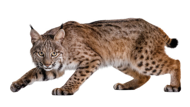 Bobcat crouched low hunting pose spotted fur, tufted ears